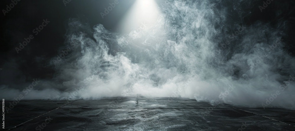 A Single Light Beam Pierces Through Dense Fog Over an Empty Road at Night A Single Light Beam Pierces Through Dense Fog Over an Empty Road at Night