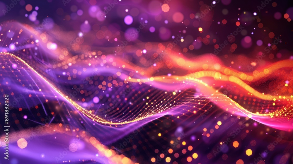 Abstract Purple and Orange Wave with Glowing Particles