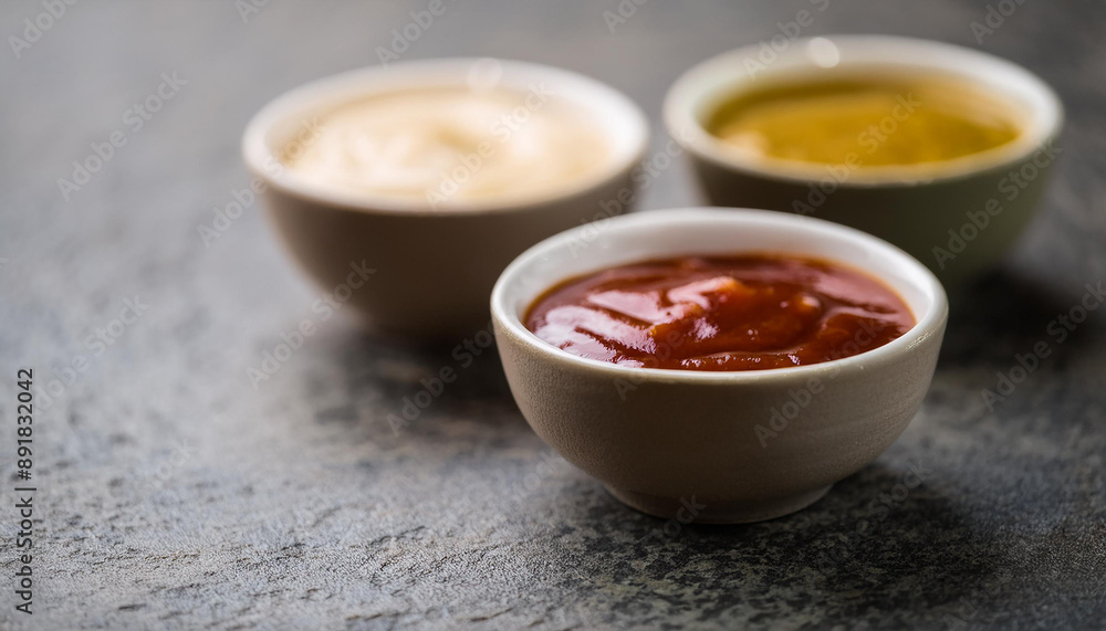 Dipping sauces in small ceramic bowls on stone table. Homemade sauces for food. Close-up. Dipping sauces in small ceramic bowls on stone table. Homemade sauces for food. Close-up.
