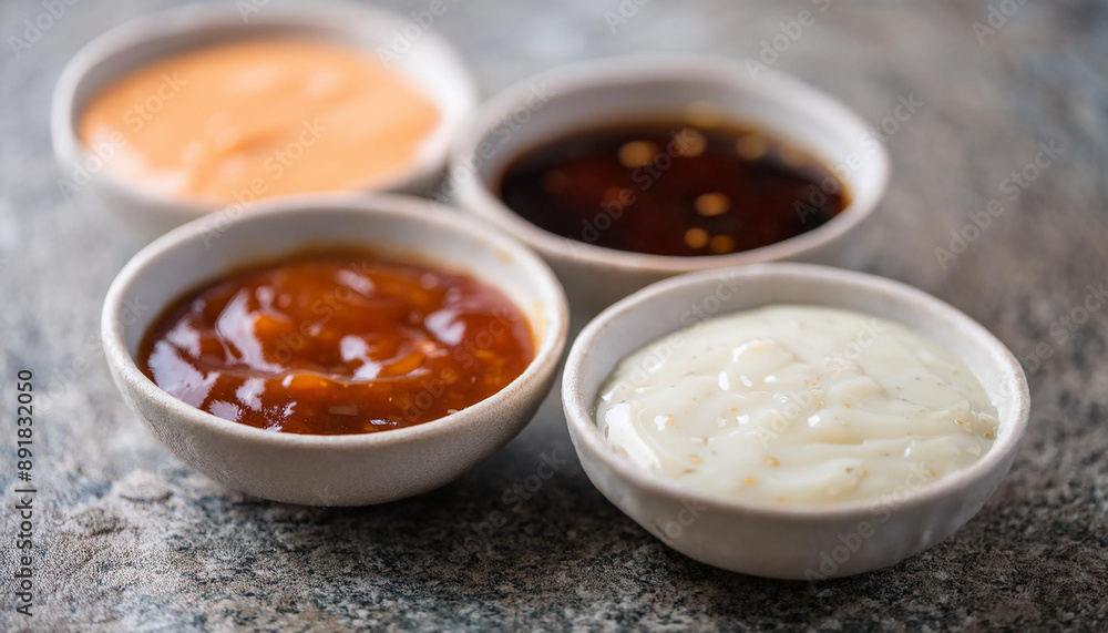 Dipping sauces in small ceramic bowls on stone table. Homemade sauces for food. Close-up. Dipping sauces in small ceramic bowls on stone table. Homemade sauces for food. Close-up.