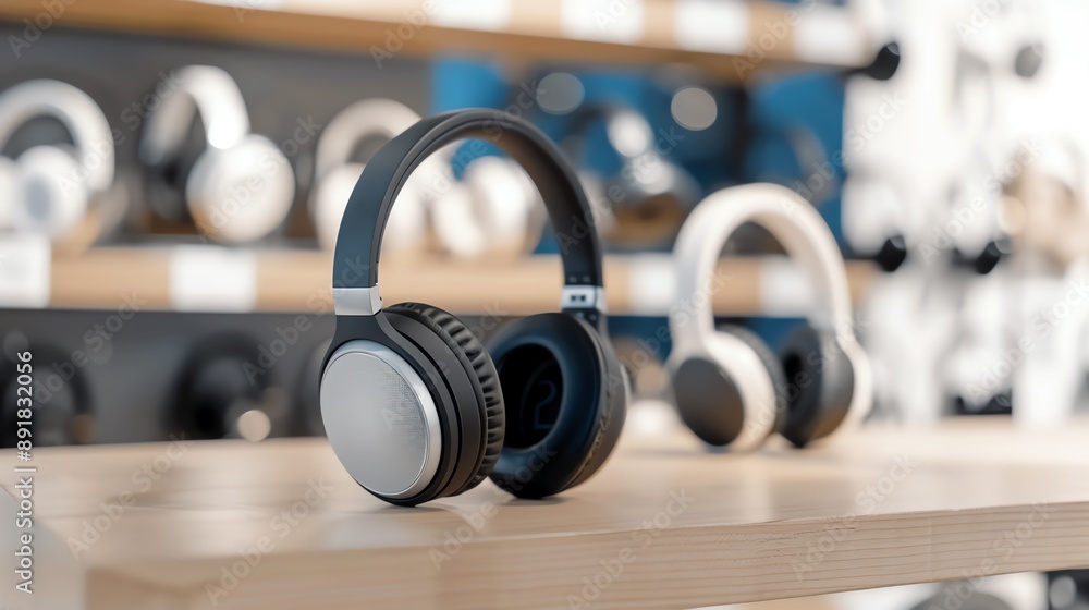 Close-up image of modern wireless headphones displayed on a wooden table in an electronic store with blurred background. Close-up image of modern wireless headphones displayed on a wooden table in an electronic store with blurred background.