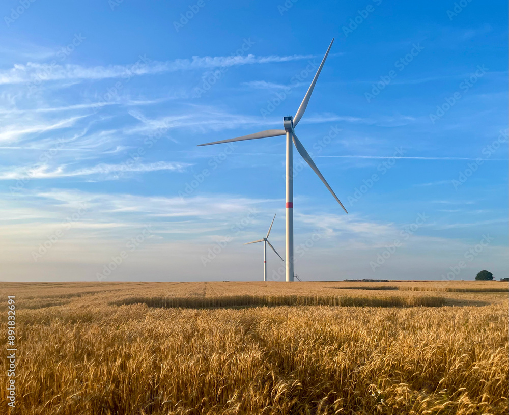 Wind turbines against the backdrop of sunset over a wheat field Wind turbines against the backdrop of sunset over a wheat field