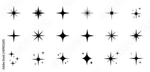 Shine or sparkle vector set of eighteen different stars in black color on white background. Sparkle star icons. Shine icon. Stars sparkle doodles vector.