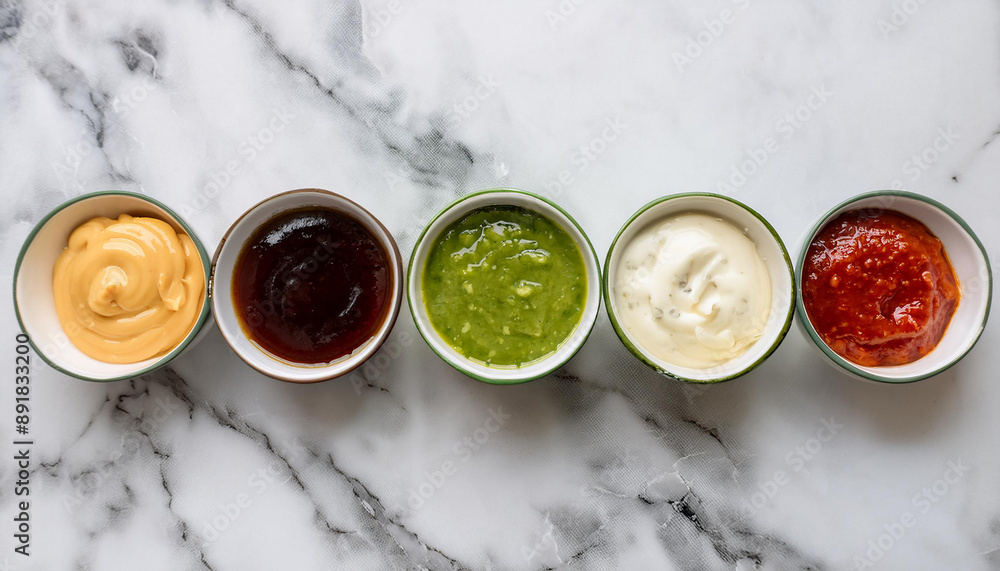 Assorted dipping sauces in small bowls on marble surface. Homemade sauces for food. Flat lay. Assorted dipping sauces in small bowls on marble surface. Homemade sauces for food. Flat lay.