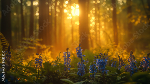 forest scene during what appears to be early morning or late afternoon. Sunlight filters through the trees, casting a warm, golden hue over the scene. In the foreground, there's a cluster of bluebell 