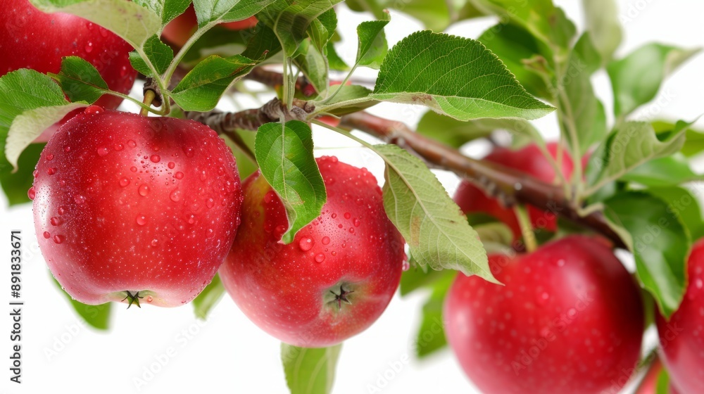 A bunch of red apples hanging from a tree. The apples are shiny and wet, and the leaves are green. A bunch of red apples hanging from a tree. The apples are shiny and wet, and the leaves are green.