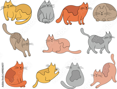 Set of cute simple doodle cats. Hand drawn simple animal illustration collection isolated on white background.