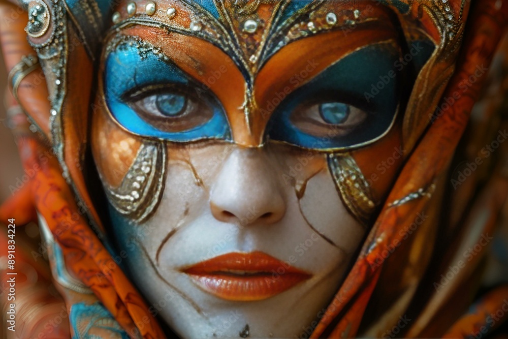 custom made wallpaper toronto digitalA woman wearing a vibrant mask with striking blue eyes.