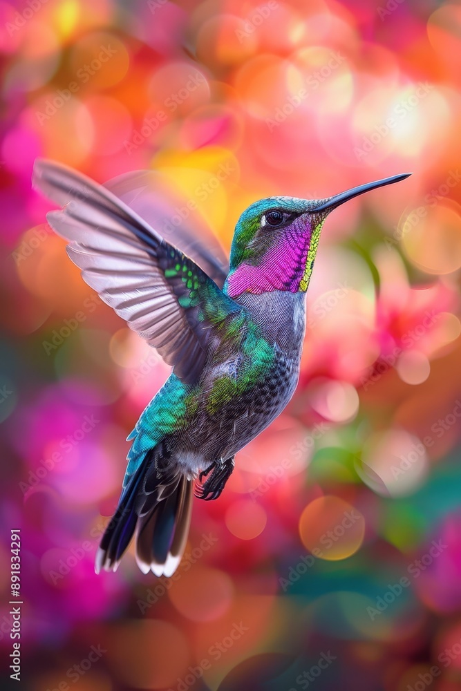 Obraz premium A hummingbird hovers in mid-air with its long, thin beak outstretched