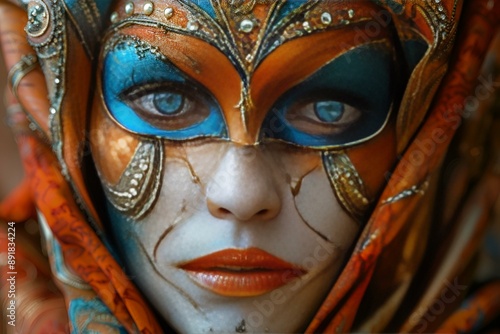 Wallpaper Mural A woman wearing a vibrant mask with striking blue eyes. Torontodigital.ca