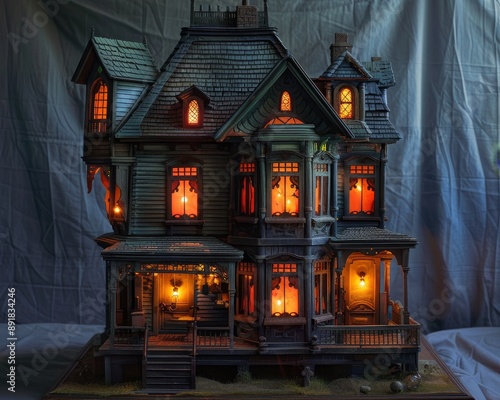 A haunted house with glowing windows in the dark photo