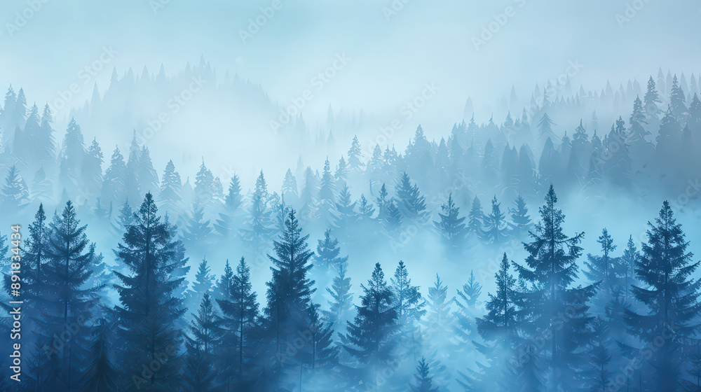 Obraz premium Misty Morning Fog in the Mountain Forest with Snow and Pine Trees