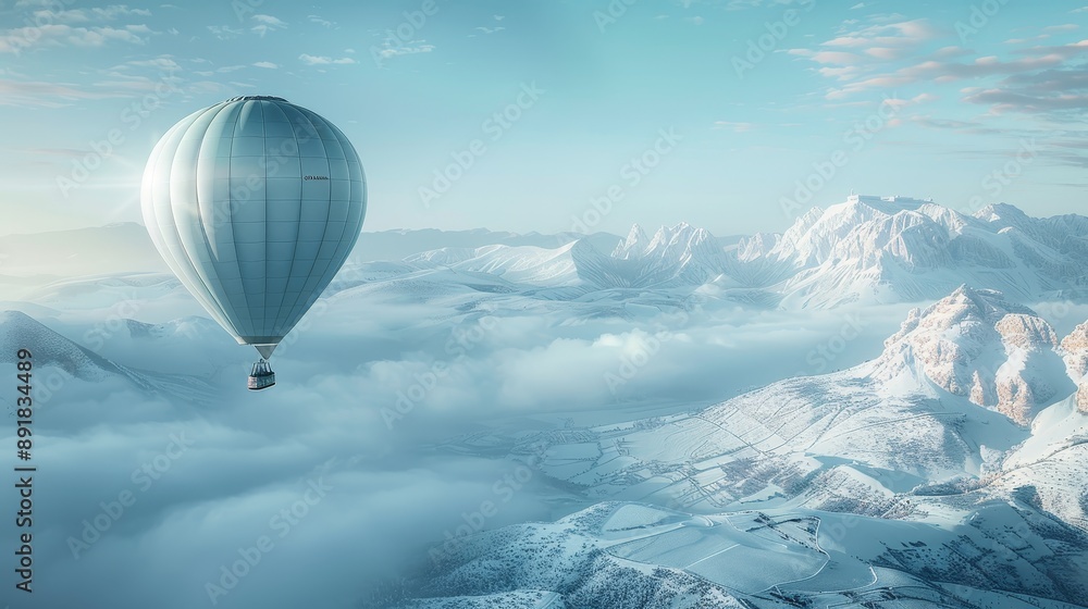 Hot air balloon ride above the clouds with snow-capped mountains in the distance. Hot air balloon ride above the clouds with snow-capped mountains in the distance.