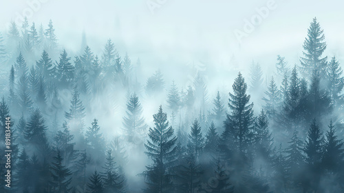 Misty Morning Fog in the Mountain Forest with Snow and Pine Trees