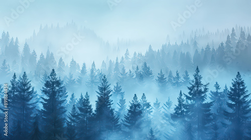 Misty Morning Fog in the Mountain Forest with Snow and Pine Trees