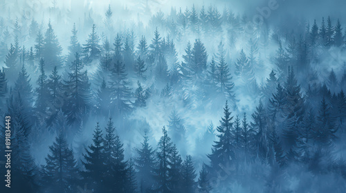 Misty Morning Fog in the Mountain Forest with Snow and Pine Trees