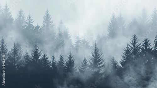 Misty Morning Fog in the Mountain Forest with Snow and Pine Trees