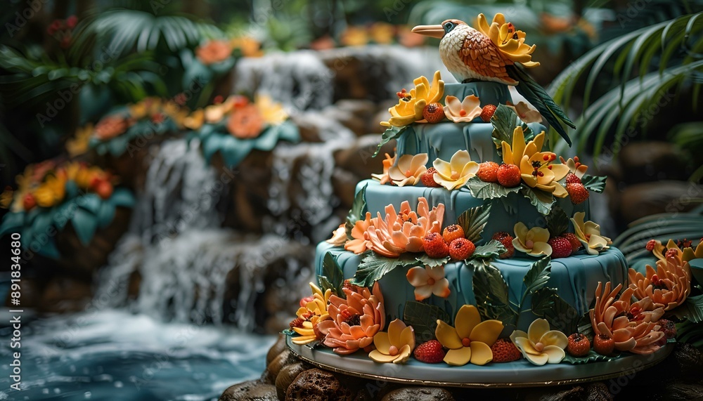 A cake topped with a colorful bird perched on it. A cake topped with a colorful bird perched on it.