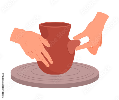 Ceramic studio potter modeling clay vase. Hands making pot, pottery workshop process flat vector illustration. Potters hands create earthenware on potters wheel