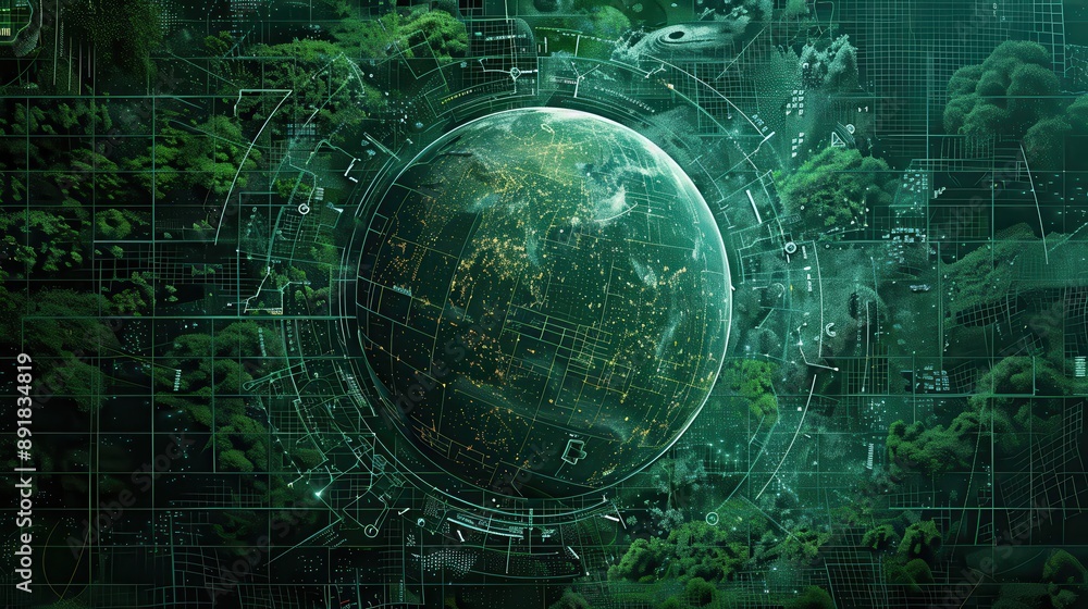 Obraz premium Futuristic Earth Globe Digital Technology Network Green