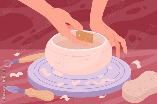 Potter hands modeling ceramic. Potter work with potters wheel, ceramic studio flat vector illustration. Handmade and hand crafting crockery