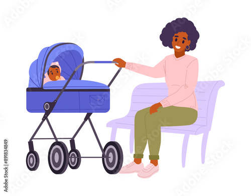 Mother with baby stroller sitting on bench. Mom resting in park with cute newborn baby in pushchair flat vector illustration. Cartoon mother with carriage