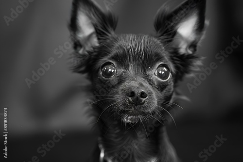 A small black and white dog sitting on a grassy field.