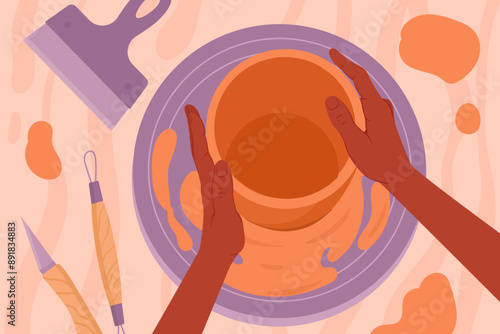 Potter work with potters wheel. Ceramic studio potter hands modeling ceramic flat vector illustration. Handmade and hand crafting crockery