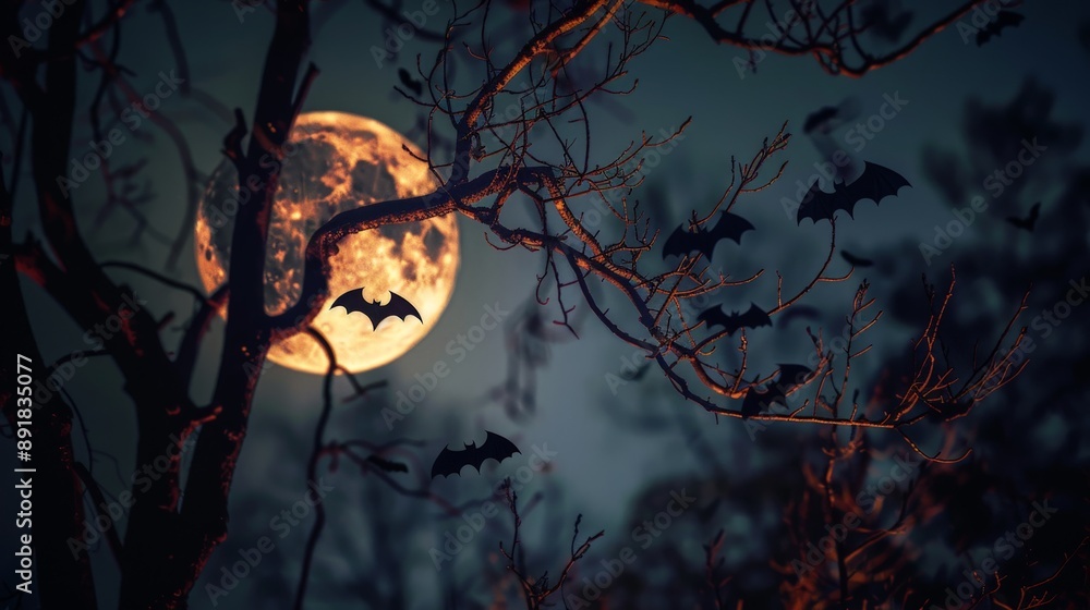 Spooky Halloween Night with Full Moon and Silhouetted Trees Spooky Halloween Night with Full Moon and Silhouetted Trees