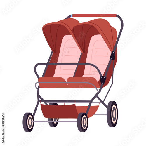 Twins stroller. Cartoon baby double pushchair, twins toddlers safety transports for outdoor walking flat vector illustration. Baby wheeled pramsuit on white