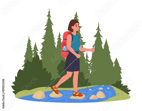 Woman on hike. Female character crosses water stream, outdoor adventure, hiking active tourist girl, trekking and backpacking flat vector illustration. Lady hiking on trail