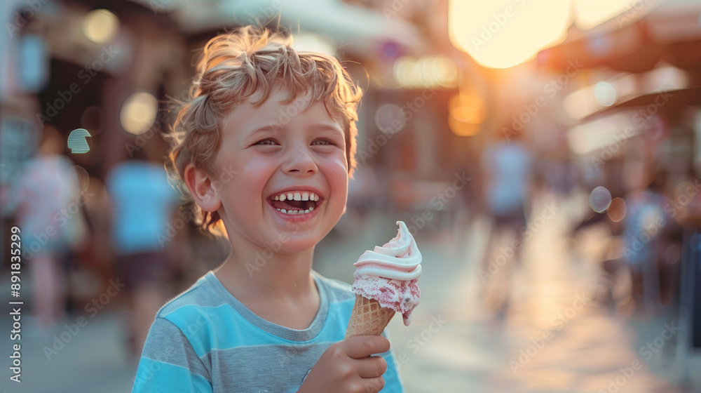 A cheerful boy is enjoying an ice cream while exploring the city streets. A cheerful boy is enjoying an ice cream while exploring the city streets.