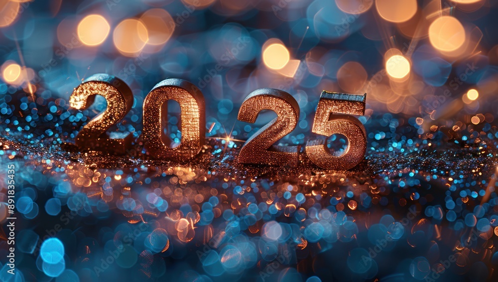 Golden 2025 on Glittering Blue Background Golden 2025 on Glittering Blue Background