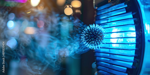 Ultraviolet light purifier close up destroys airborne pathogens with light for clean air