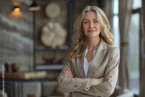 Happy mid aged business woman manager at office. Corporate leader, bank or insurance agent, lawyer, accountant, successful woman, leader manager looking at, Generative AI © Pixel Quest