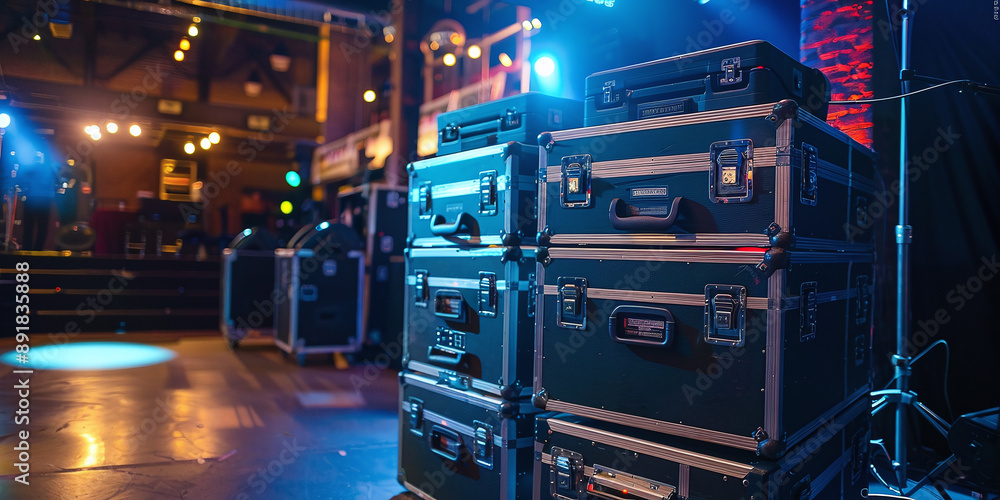 Stacked Equipment Cases at Event Venue Stacked Equipment Cases at Event Venue