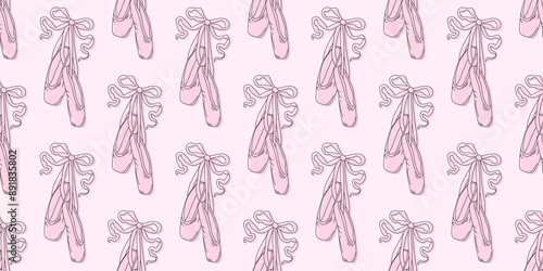Seamless pattern pointe shoes with bow. Female pink ballet slippers for classic elegant dance