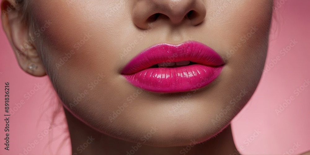 Fototapeta premium Modern shiny shiny lip makeup Beautiful shiny female lips in neon pink colors Background for design.