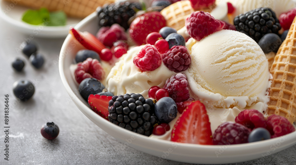 A dish of vanilla ice cream topped with a variety of berries, including strawberries, raspberries, blueberries, and blackberries. The ice cream is served with waffle cones. A dish of vanilla ice cream topped with a variety of berries, including strawberries, raspberries, blueberries, and blackberries. The ice cream is served with waffle cones.