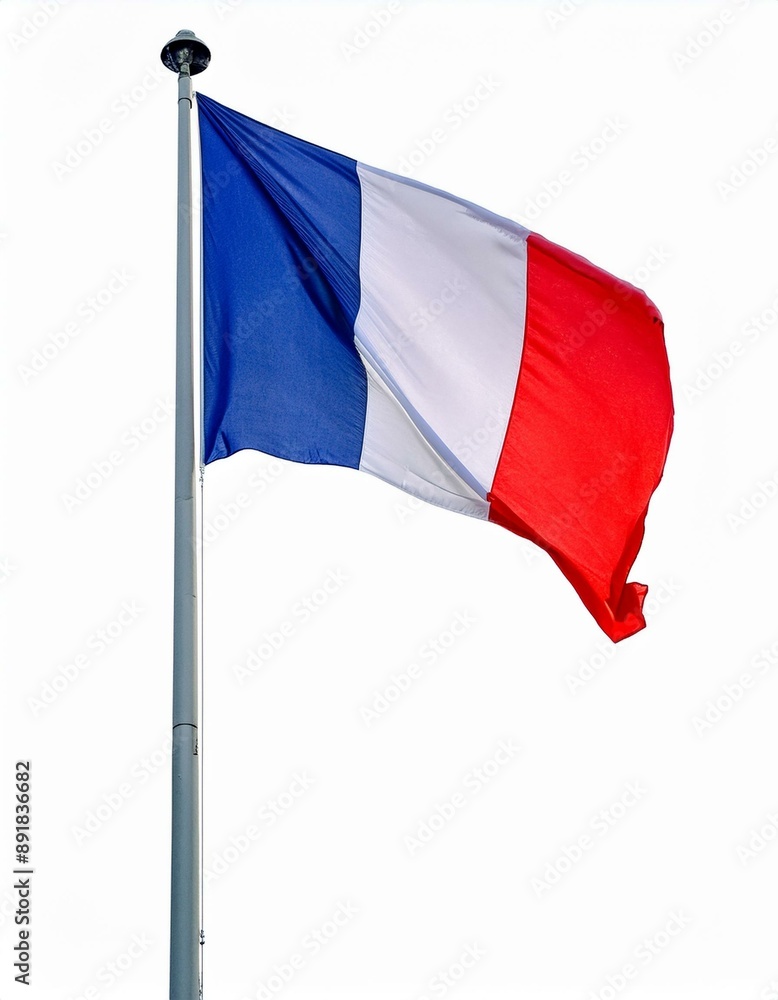 Foto einer französischen Flagge an einem Mast, isoliert auf weißem Hintergrund Foto einer französischen Flagge an einem Mast, isoliert auf weißem Hintergrund