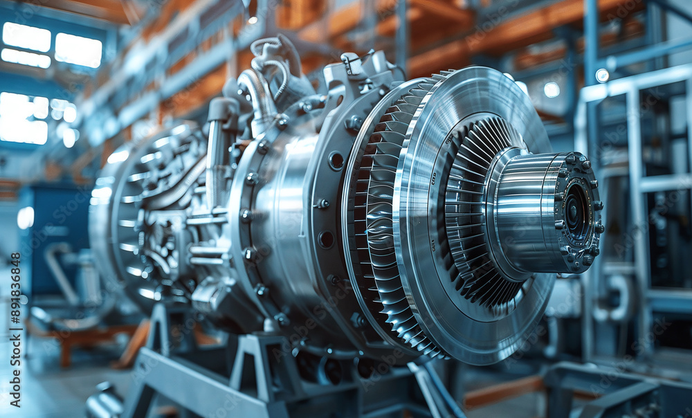 Factory installed industrial gas turbine engine. High-tech engineering equipment used for power generation and mechanical applications. Factory installed industrial gas turbine engine. High-tech engineering equipment used for power generation and mechanical applications.