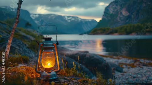 Lantern on a serene mountain lake with a snowy landscape
