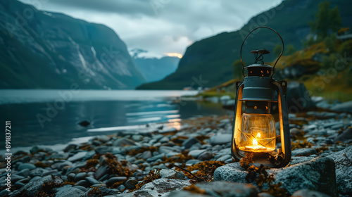 Lantern on a serene mountain lake with a snowy landscape © Toppick789