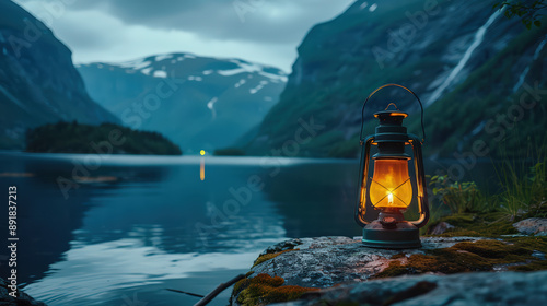 Lantern on a serene mountain lake with a snowy landscape