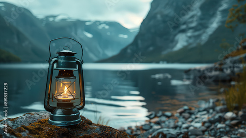 Lantern on a serene mountain lake with a snowy landscape