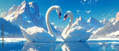 Fototapeta Naklejka Na Ścianę i Meble -  Two white swans in love on snow mountain background in cartoon style