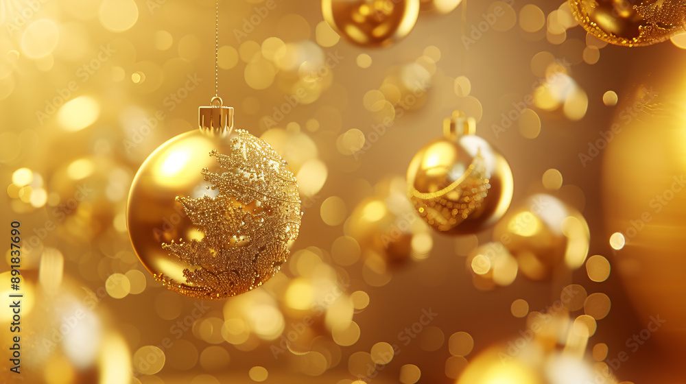 A falling golden 3D Christmas ball adorned with a pattern set against a gold background. A falling golden 3D Christmas ball adorned with a pattern set against a gold background.