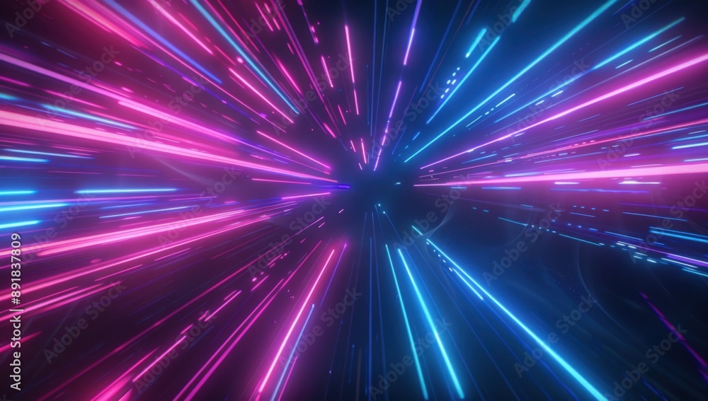 A neon light background with pink and blue streaks of lights moving fast in the dark space. A neon light background with pink and blue streaks of lights moving fast in the dark space.