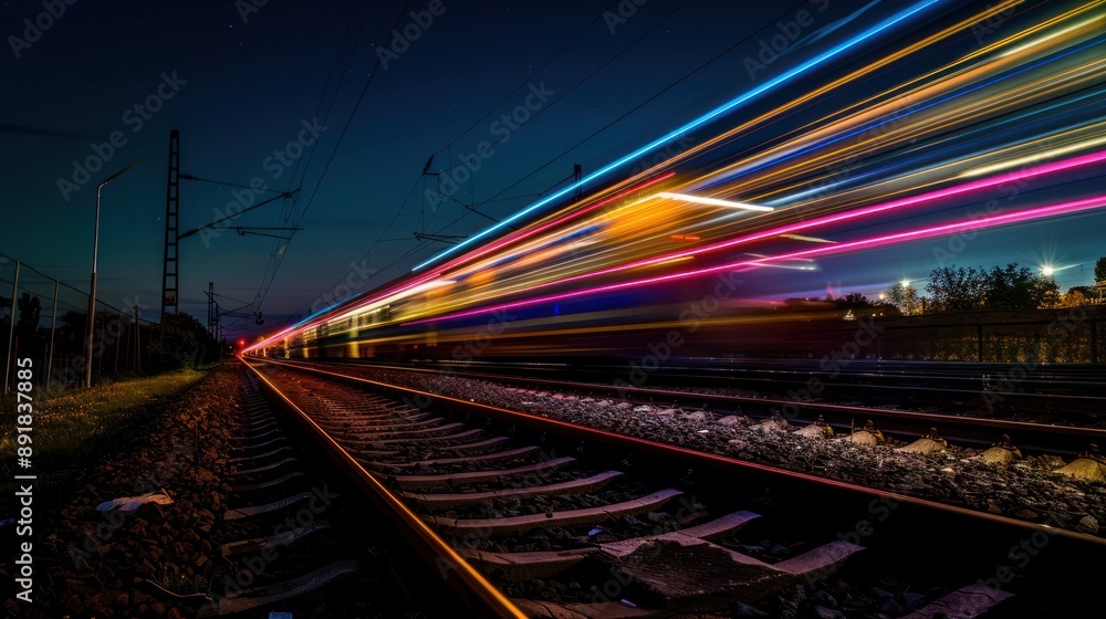 Fototapeta premium Train Tracks With Light Trails At Night