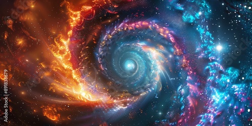 A vibrant and colorful galactic spiral artwork depicting swirling cosmic elements, creating a stunning visual display.